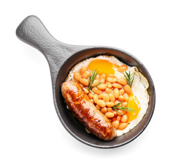 Frying pan with traditional English breakfast on white background