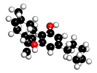 Cannabidiol (CBD) cannabis molecule. Has antipsychotic effects. 3D rendering. Atoms are represented as spheres with conventional color coding: hydrogen (white), carbon (black), oxygen (red).