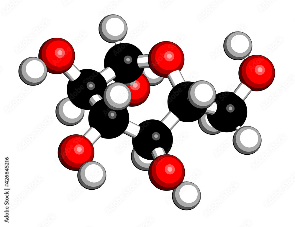 Sticker Glucose (dextrose, grape sugar) molecule (beta-D-glucopyranose form). 3D rendering. Atoms are represented as spheres with conventional color coding: hydrogen (white), carbon (black), oxygen (red).