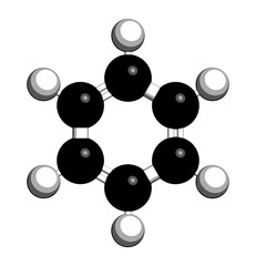 Benzene aromatic hydrocarbon molecule. Important in petrochemistry, component of gasoline. 3D rendering. Atoms are represented as spheres with conventional color coding