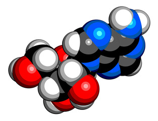 Adenosine (Ado) purine nucleoside molecule. Important component of ATP, ADP, cAMP and RNA. Also used as drug. 3D rendering. Atoms are represented as spheres with conventional color coding