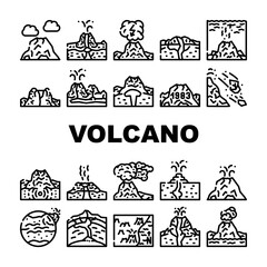 Fototapeta na wymiar Volcano Lava Eruption Collection Icons Set Vector. Volcano Under Water And Stratovolcano Mountain, Volcanic Bomb, Magma, Dirty Thunderstorm And Mud Black Contour Illustrations