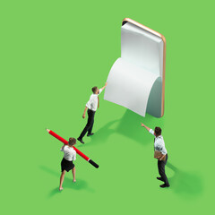 Obraz premium High angle view of creative modern office on green background - big things and little workers. Office working, daily task, typical problems and lifestyle concept. Collage.