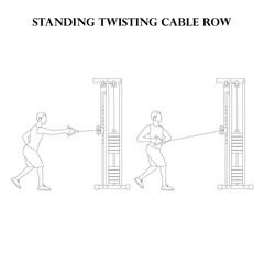 Standing twisting cable row exercise strength workout vector illustration outline