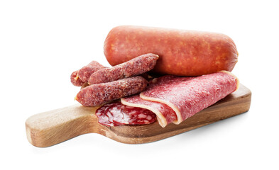 Board with tasty sausages on white background