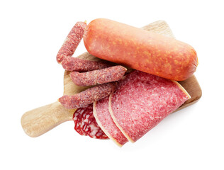 Board with tasty sausages on white background