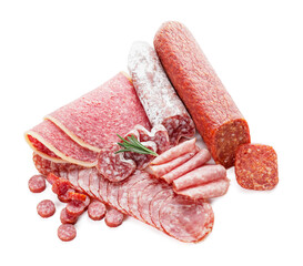 Different tasty sausages on white background