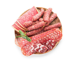 Plate with tasty sausages on white background