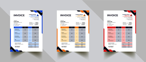 Invoice minimal design template. Bill form business invoice accounting. Modern and creative corporate business invoice template | Company business invoice template with color variation bundle