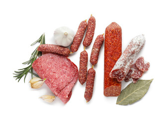 Different tasty sausages on white background