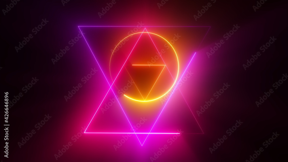 Poster esoteric 3d render triangle with glowing lines and star david. occult bright geometric pentacle that