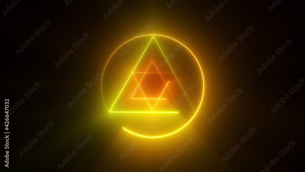 Poster esoteric 3d render triangle with glowing lines and star david. occult bright geometric pentacle that