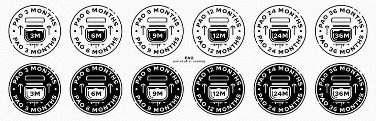 Concept for packaging. Marking is the storage period after opening. Icon of an open cosmetic bottle with an indicator of the number of months of storage. Vector.