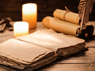 Open old book with scrolls, feather and candles on wooden background, closeup