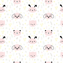 Childish seamless pattern with cute smiley animals. Creative baby texture for fabric, nursery, textile, clothes. Pastel background