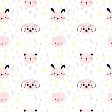 Childish seamless pattern with cute smiley animals. Creative baby texture for fabric, nursery, textile, clothes. Pastel background