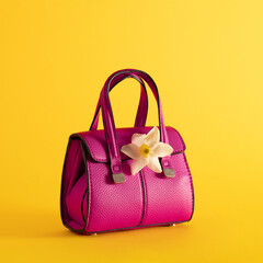 women small pink bag with fresh yellow narcissus on illuminating yellow sunny bright summer background. minimal abstract art.