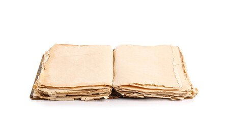 Open old book on white background