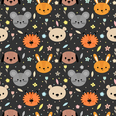 Childish seamless pattern with cute smiley animals. Floral background. Creative baby texture for fabric, nursery, textile, clothes