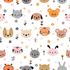 Seamless childish pattern with cute smiley animal faces. Creative baby texture for fabric, nursery, textile. Flat design