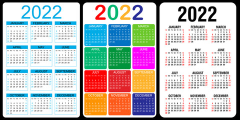 Set of Calendars 2022 yearly. Week starts on Sunday. Vector illustration.