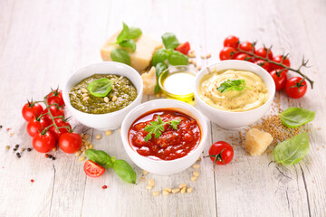 pesto sauce, mayonnaise and tomato sauce- sauce,  dip composition with ingredients