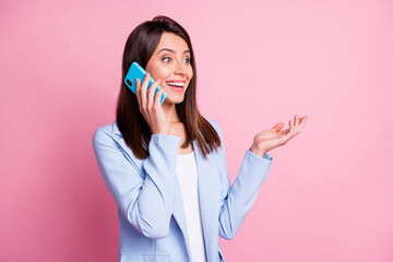 Photo of young attractive girl happy positive smile call talk conversation cellphone mobile...