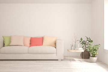 White living room with sofa. Scandinavian interior design. 3D illustration