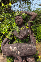 Fototapeta na wymiar A Beautiful stone sculpture of a dancing girl holding a drum musical instrument in a ruined state with climbing creeper plant intertwined in an Hindu temple park in Karnataka. India. 