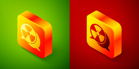 Isometric Radioactive icon isolated on green and red background. Radioactive toxic symbol. Radiation Hazard sign. Square button. Vector