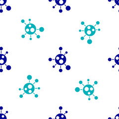 Blue Molecule icon isolated seamless pattern on white background. Structure of molecules in chemistry, science teachers innovative educational poster. Vector