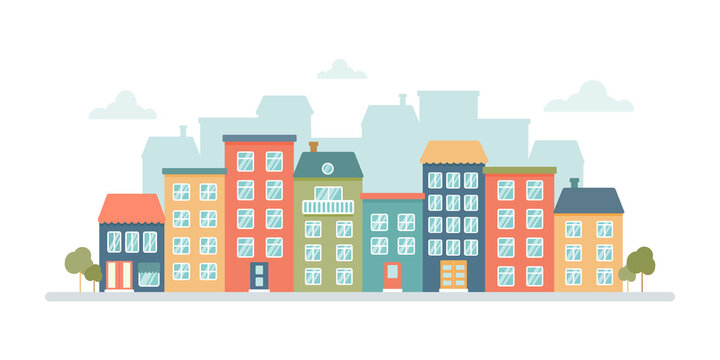 Panorama of the city with colored multi-storey houses on a white background. Vector flat illustration in cartoon style