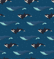 Obraz premium Seamless vector pattern with blue whales and killer whales to dark blue background for wallpaper, web page background, surface textures.