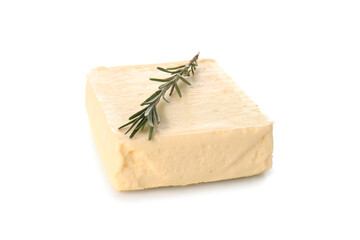 Fresh butter and rosemary on white background