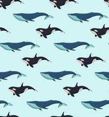 Seamless vector pattern with blue whales and killer whales to light blue background for wallpaper, web page background, surface textures.