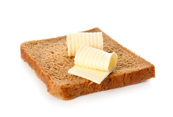 Slice of fresh bread with butter on white background