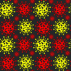 Yellow and red viruses, dark gray background, seamless pattern, vector illustration