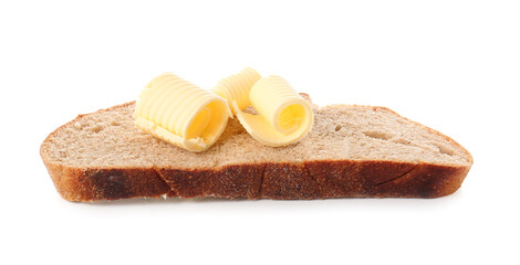 Slice of fresh bread with butter on white background
