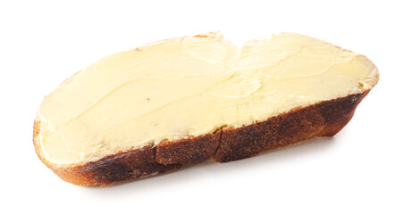Slice of fresh bread with butter on white background