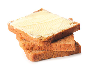 Slices of fresh bread with butter on white background