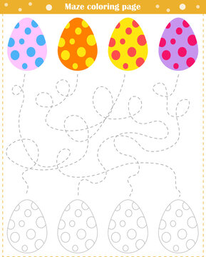  Logic game for children. Go through the maze and paint the eggs according to the pattern