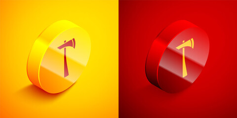 Isometric Firefighter axe icon isolated on orange and red background. Fire axe. Circle button. Vector
