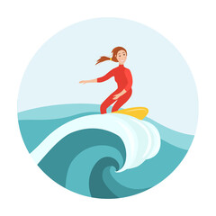 Woman in swimwear surfing in sea or ocean. Summer sport. Colorful flat cartoon vector illustration - obrazy, fototapety, plakaty