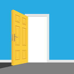 Yellow opened door with frame inside building, house.