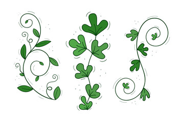A set of three climbing green plants. Colored isolated doodle objects on a white.