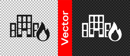 Black Fire in burning buildings on city street icon isolated on transparent background. Destroyed city on fire. Vector