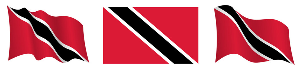 Obraz premium flag of Trinidad and Tobago in static position and in motion, fluttering in wind in exact colors and sizes, on white background