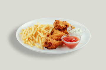 Crispy chicken wings with french fries and garlic mayonnaise and sweet and sour sauce.
