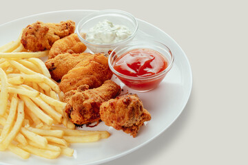 Crispy chicken wings with french fries and garlic mayonnaise and sweet and sour sauce.