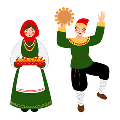 Woman in traditional Russian costume with treats in her hands and young man with tambourine in his hands. Concept of celebrating Maslenitsa. Vector stock hand drawn illustration isolated on white 